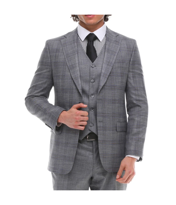 Mens 3 Piece Suit Grey Blue Check Contrasting Waistcoat Trouser Wedding Prom