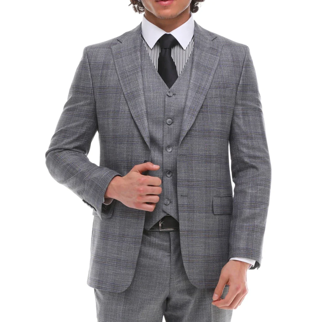 Mens 3 Piece Black Suit with Contrasting Grey Waistcoat