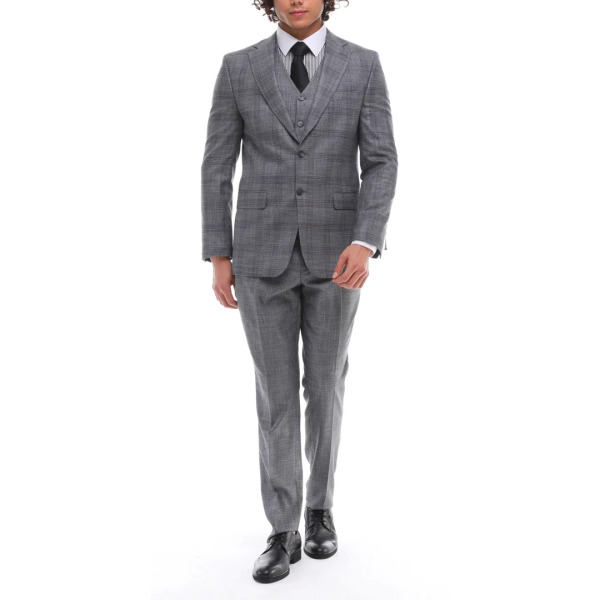 Mens 3 Piece Suit Grey Blue Check Contrasting Waistcoat Trouser Wedding Prom