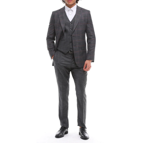 Mens 3 Piece Suit Grey Brown Check Tailored Fit Wedding Prom Races