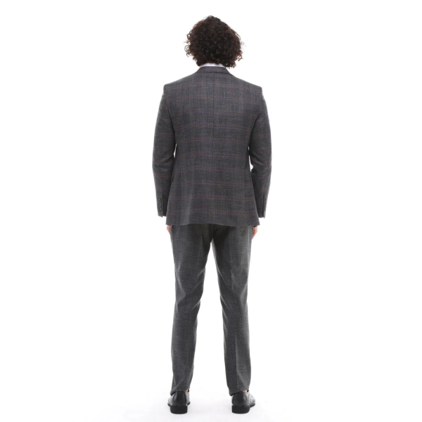 Mens 3 Piece Suit Grey Brown Check Tailored Fit Wedding Prom Races