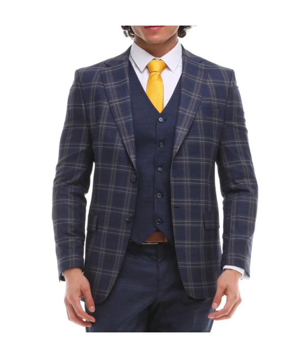 Mens 3 Piece Suit Navy Blue Grey Brown Check Contrasting Waistcoat Trouser Buy Online Happy Gentleman