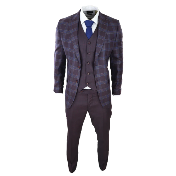 Mens 3 Piece Suit Purple Blue Check Check Contrasting Waistcoat Trouser Wedding