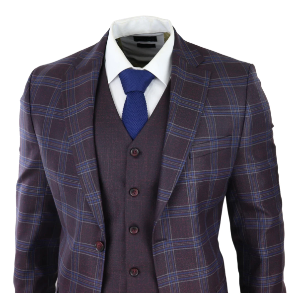 Mens 3 Piece Suit Purple Blue Check Check Contrasting Waistcoat Trouser Wedding