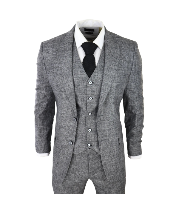 Mens 3 Piece Suit Grey Black Textured Tailored Fit Wedding Prom Party Smart Formal