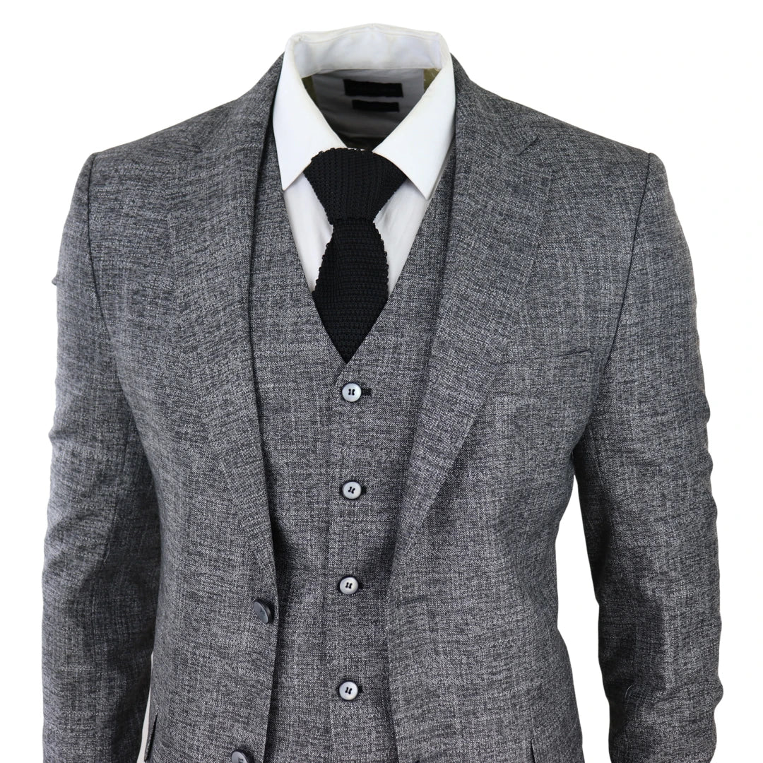 Mens 3 Piece Suit Grey Black Textured Tailored Fit Wedding Prom Party ...