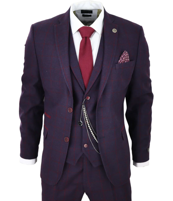 Men's 3 Piece Suit Wool Tweed Plum Wine Check 1920s Gatsby