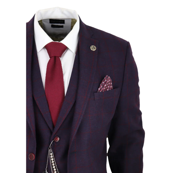 Men's 3 Piece Suit Wool Tweed Plum Wine Check 1920s Gatsby