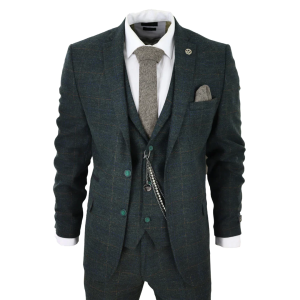Men’s 3 Piece Suit Wool Tweed Green Blue Brown Check 1920s Gatsby
