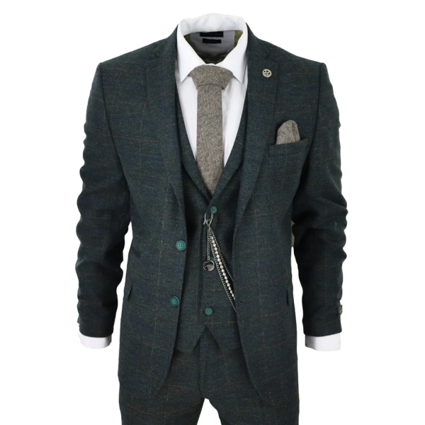 Men's 3 Piece Suit Wool Tweed Green Blue Brown Check 1920s Gatsby