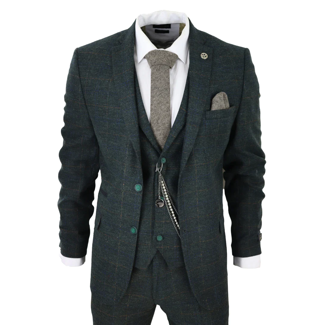 Men's 3 Piece Suit Wool Tweed Green Blue Brown Check 1920s Gatsby: Buy ...