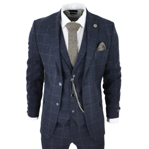 Men’s 3 Piece Suit Wool Tweed Navy Blue Brown Check 1920s Gatsby