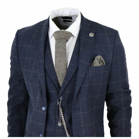 Men's 3 Piece Suit Wool Tweed Navy Blue Brown Check 1920s Gatsby: Buy ...