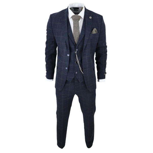 Men's 3 Piece Suit Wool Tweed Navy Blue Brown Check 1920s Gatsby