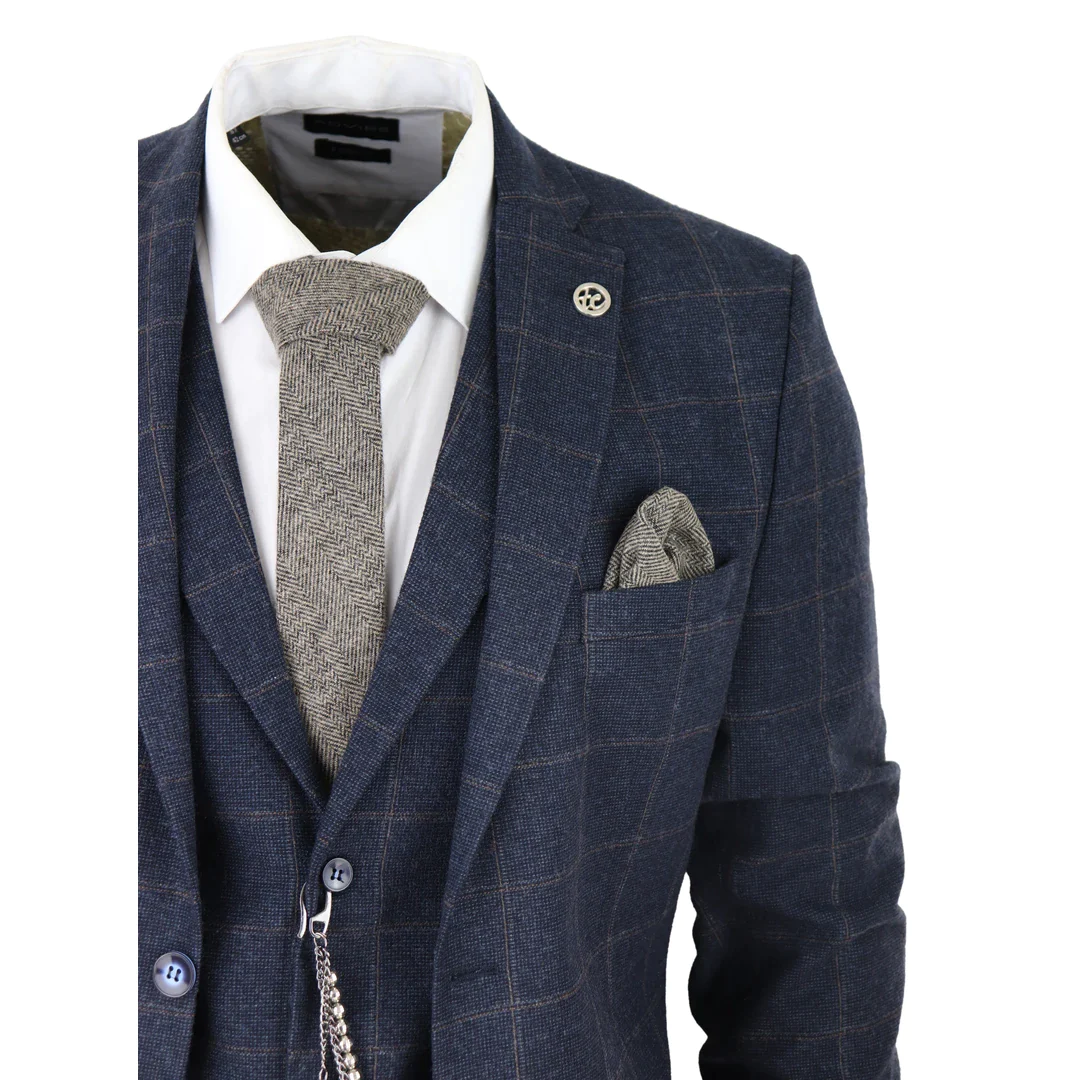 Men's 3 Piece Suit Wool Tweed Navy Blue Brown Check 1920s Gatsby: Buy  Online - Happy Gentleman United States