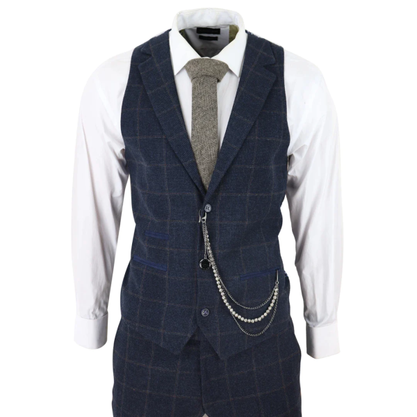 Men's 3 Piece Suit Wool Tweed Navy Blue Brown Check 1920s Gatsby