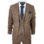 Men's 3 Piece Suit Wool Tweed Herringbone Tan Brown Blue Check 1920s Gatsby - 46UK Jacket/Waistcoat + 40W Trousers