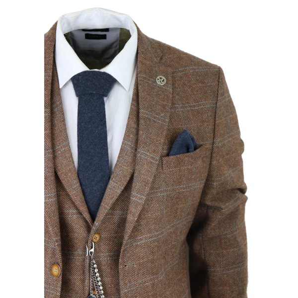 Men's 3 Piece Suit Wool Tweed Herringbone Tan Brown Blue Check 1920s Gatsby