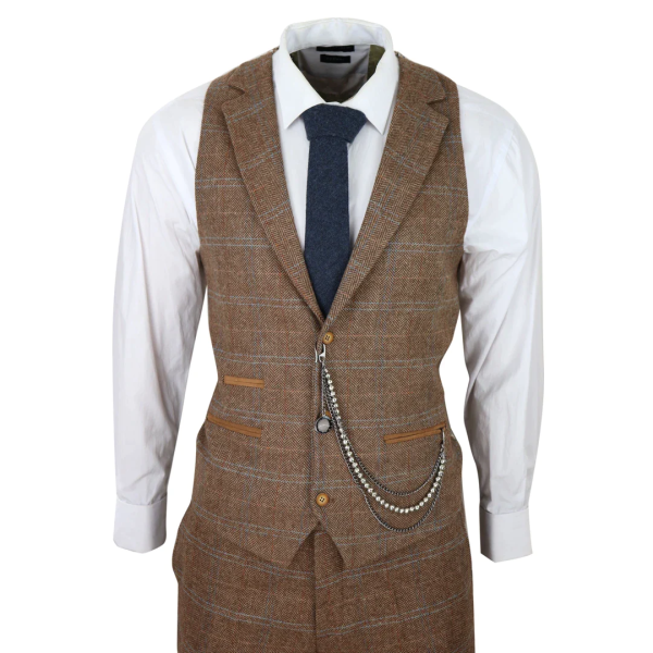 Men's 3 Piece Suit Wool Tweed Herringbone Tan Brown Blue Check 1920s Gatsby