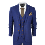 Mens Blue Brown Check 3 Piece Suit Tailored Fit Wedding Prom Races Prince Of Wales - 46UK Jacket/Waistcoat + 40W Trousers