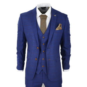 Mens Blue Brown Check 3 Piece Suit Tailored Fit Wedding Prom Races Prince Of Wales