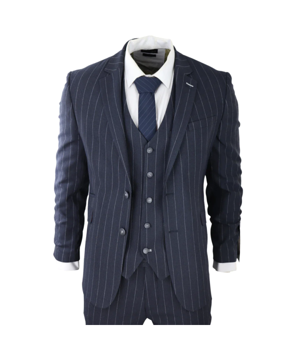 Mens 3 Piece Suit Pin Stripe Navy Classic Vintage Retro 1920s Tailored Fit Wedding