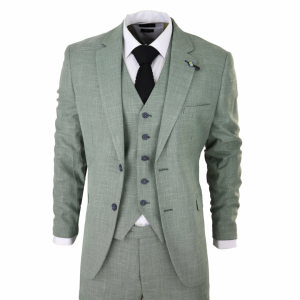 Mens 3 Piece Suit Sage Green Summer Linen Tailored Fit Wedding Prom Classic