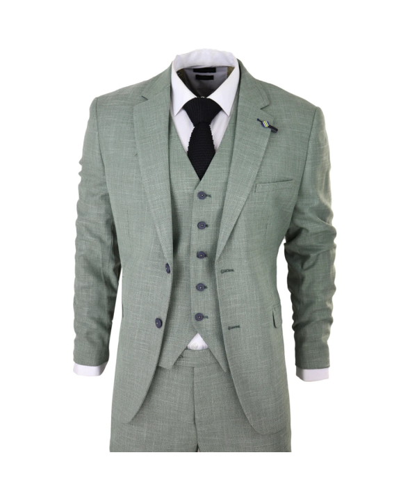 Mens 3 Piece Suit Sage Green Summer Linen Tailored Fit Wedding Prom Classic