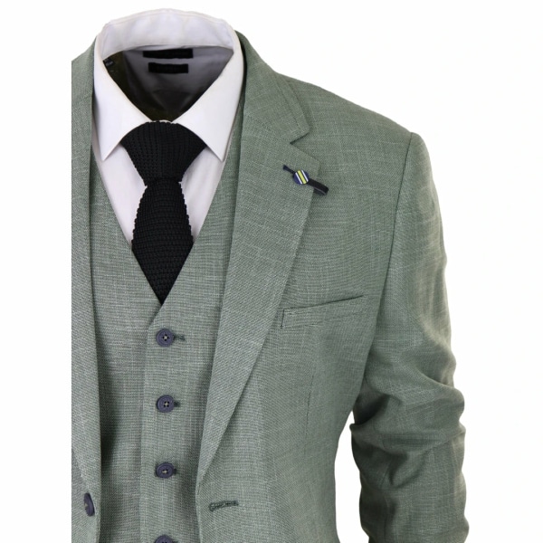 Mens 3 Piece Suit Sage Green Summer Linen Tailored Fit Wedding Prom Classic