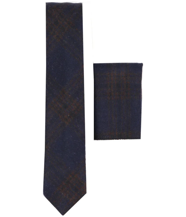 281 - Men's Blue Herringbone Tweed Wool Tie & Handkerchief 2"