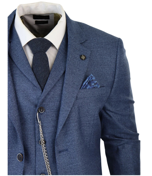 AK-09 Men's 3-Piece Tailored Blue Prince of Wales Check Suit