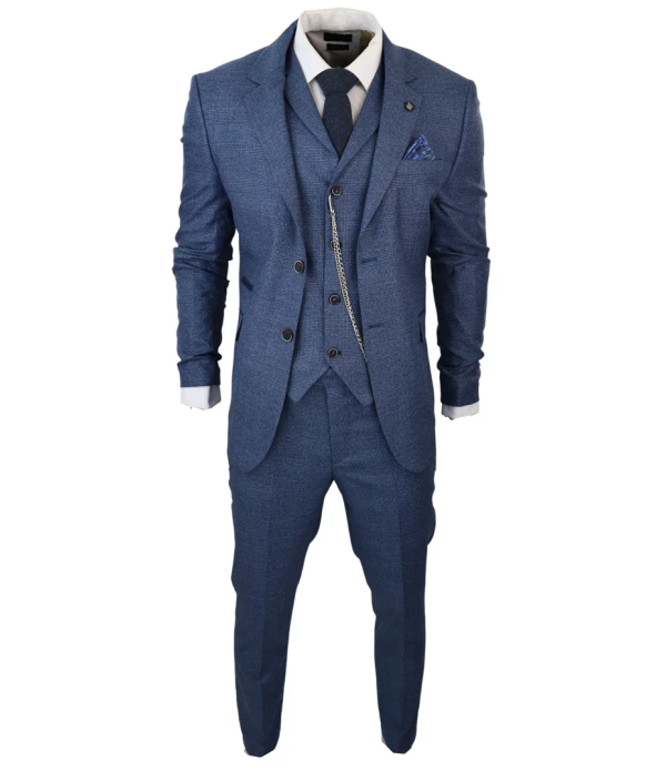 AK-09 Men's 3-Piece Tailored Blue Prince of Wales Check Suit