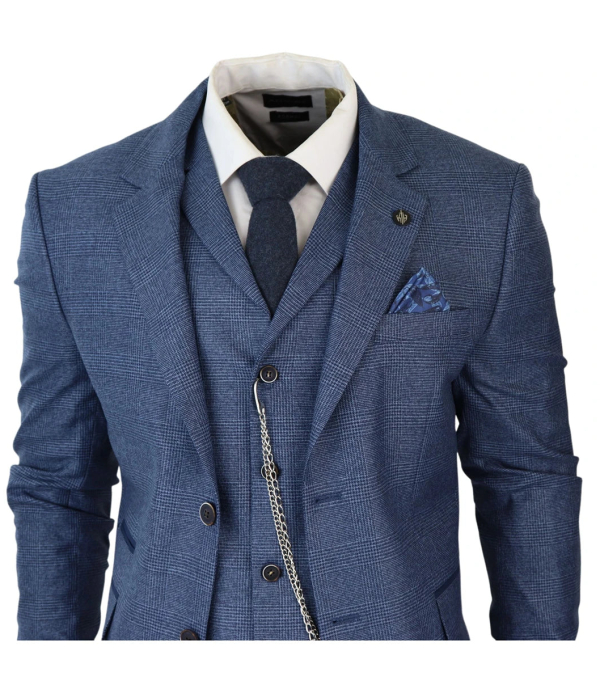 AK-09 Men's 3-Piece Tailored Blue Prince of Wales Check Suit