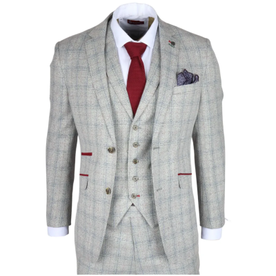 Andrew Men's 3-Piece Grey Checked Slim Fit Suit with Red Accents