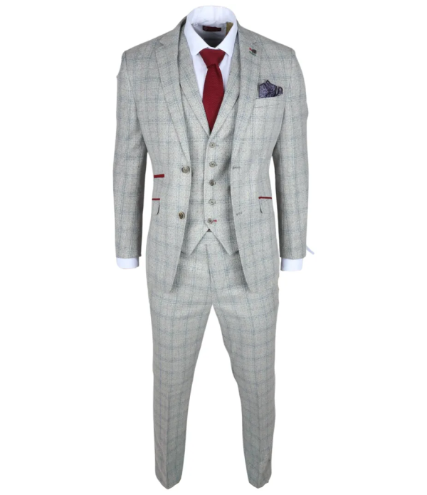 Andrew Men's 3-Piece Grey Checked Slim Fit Suit with Red Accents