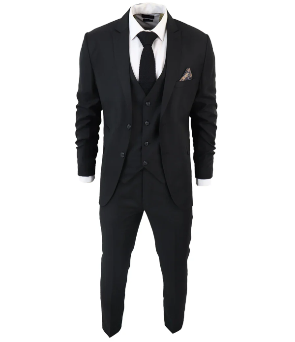 IM1 Men's Classic Black Plain Tailored Fit 3-Piece Suit