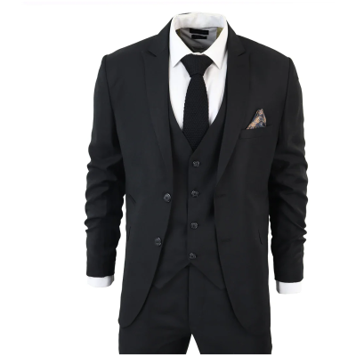 IM1 Men's Classic Black Plain Tailored Fit 3-Piece Suit