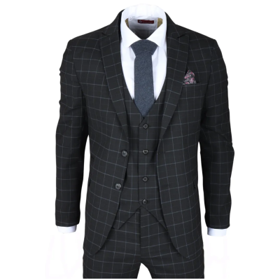 IM3 Men's Black Checked Tailored Fit 3-Piece Suit