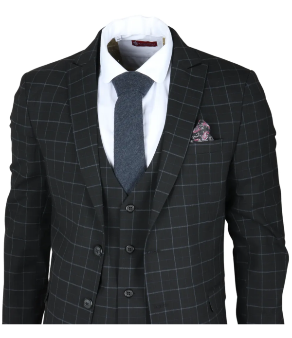 IM3 Men's Black Checked Tailored Fit 3-Piece Suit