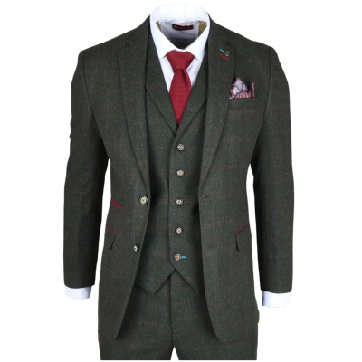 Joshua Men's 3-Piece Green Tweed Slim Fit Suit