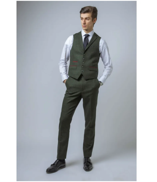 Joshua Men's 3-Piece Green Tweed Slim Fit Suit