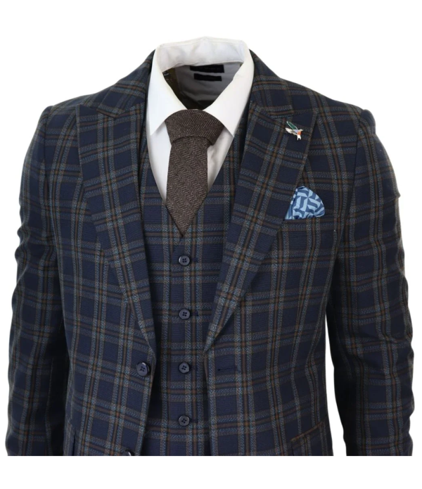 MT22Z0720 - Men's Navy Blue 3 Piece Check Suit