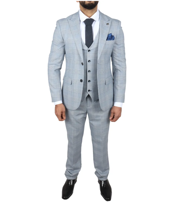 Mark Men's Light Blue 3-Piece Tweed Check Tailored Fit Suit