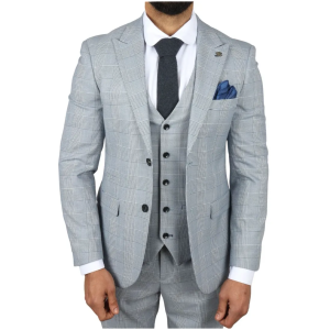 Mark Men’s Light Blue 3-Piece Tweed Check Tailored Fit Suit