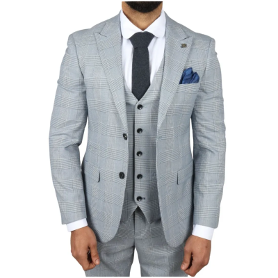 Mark Men's Light Blue 3-Piece Tweed Check Tailored Fit Suit