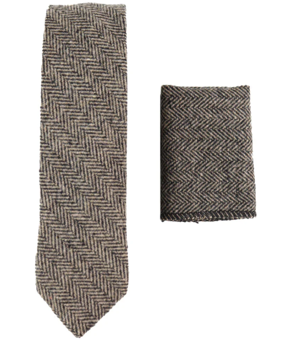 281 - Men's Oak Herringbone Tweed Wool Tie & Handkerchief 2"