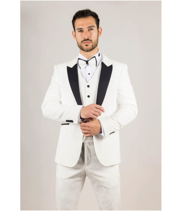 AK-24 Men's White 3-Piece Velvet Wedding Tuxedo with Black Lapels