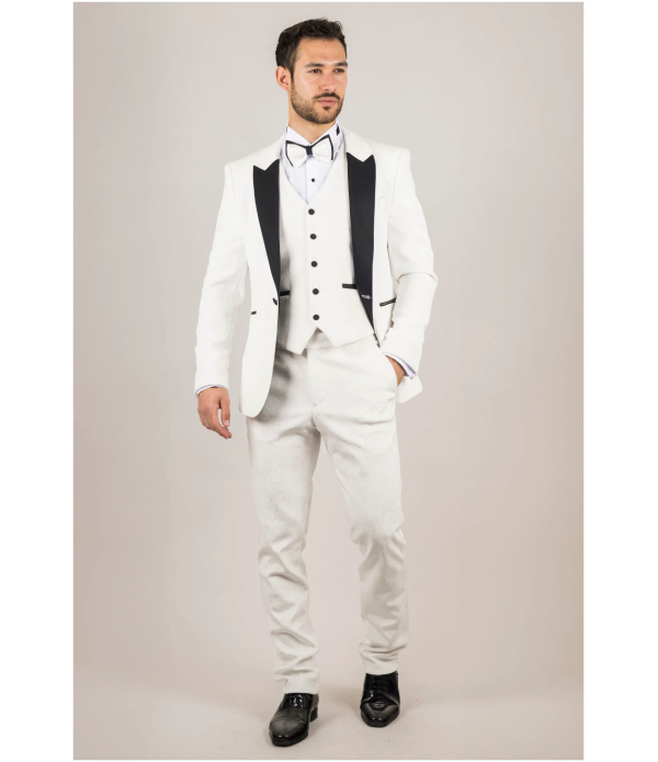 AK-24 Men's White 3-Piece Velvet Wedding Tuxedo with Black Lapels