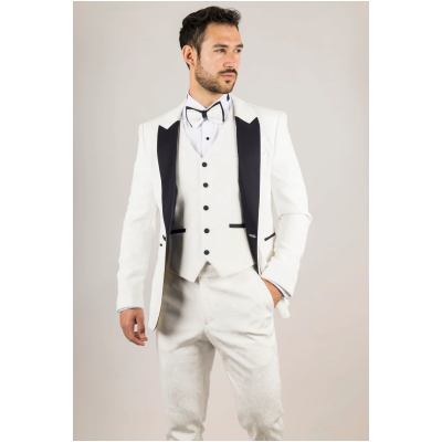 AK-24 Men's White 3-Piece Velvet Wedding Tuxedo with Black Lapels