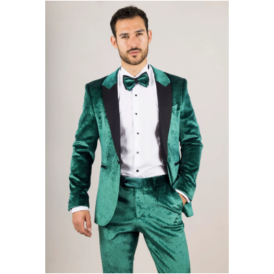 AK-25 Men's Emerald Green 3-Piece Velvet Wedding Tuxedo with Black Lapels